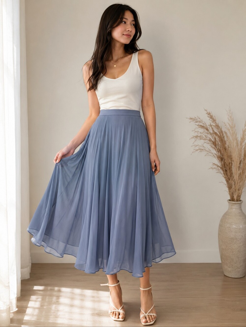 Morning Lavender Flowy Women's Midi Skirt in Dusty Blue Nwt